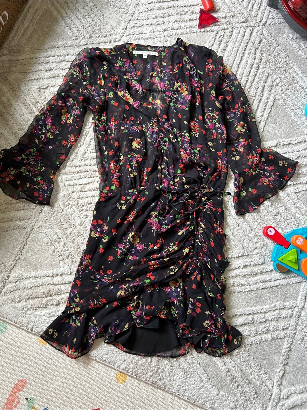 Veronica beard silk Black Floral Wrap-Style Dress with Ruching